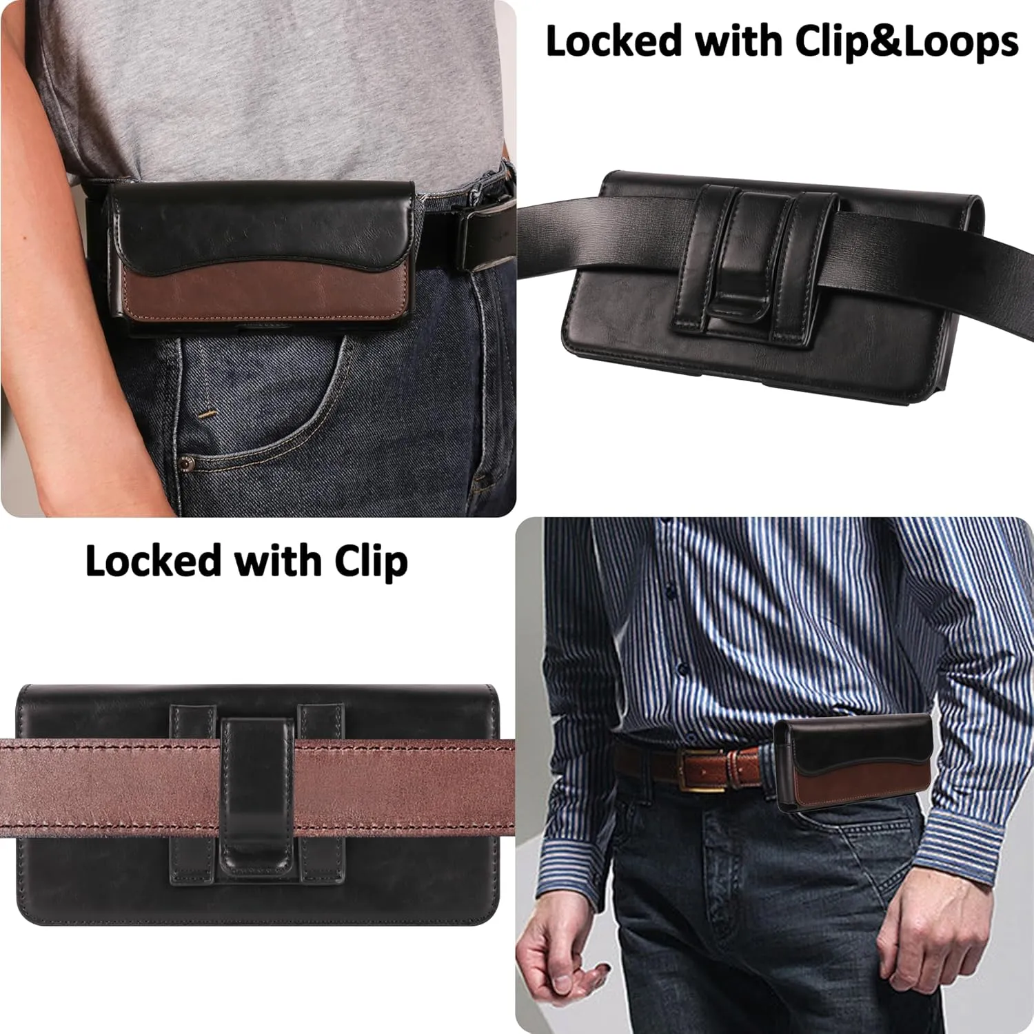 Holster for iPhone 15 15 Pro 14, 14 Pro, 13 Pro, 13, 12 Pro, 12, iPhone 11, XR - Premium Cell Phone Case with Belt Clip [Magnetic Closure] ID Card Holder Pouch, Brownish-Black, Medium