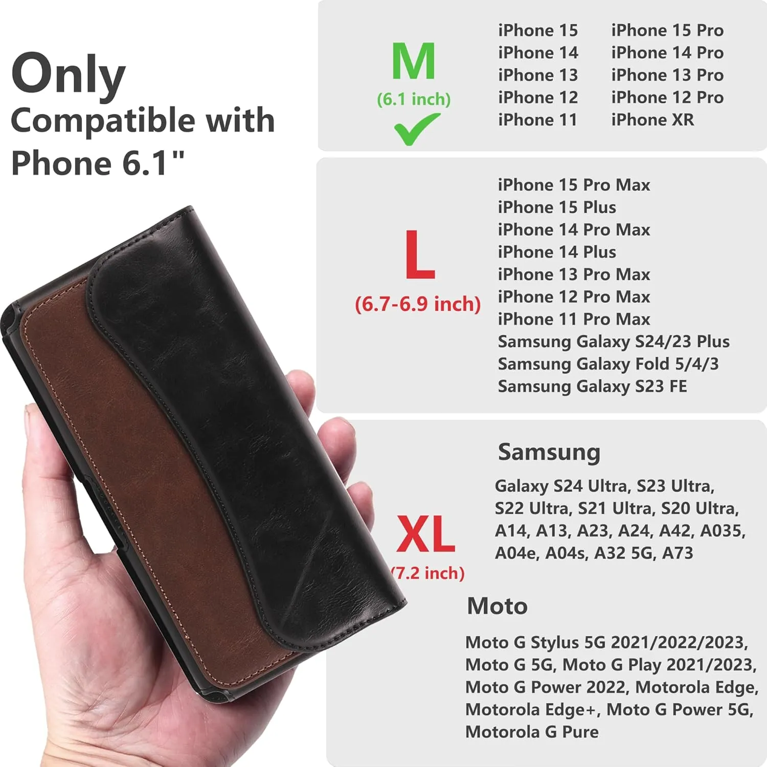 Holster for iPhone 15 15 Pro 14, 14 Pro, 13 Pro, 13, 12 Pro, 12, iPhone 11, XR - Premium Cell Phone Case with Belt Clip [Magnetic Closure] ID Card Holder Pouch, Brownish-Black, Medium