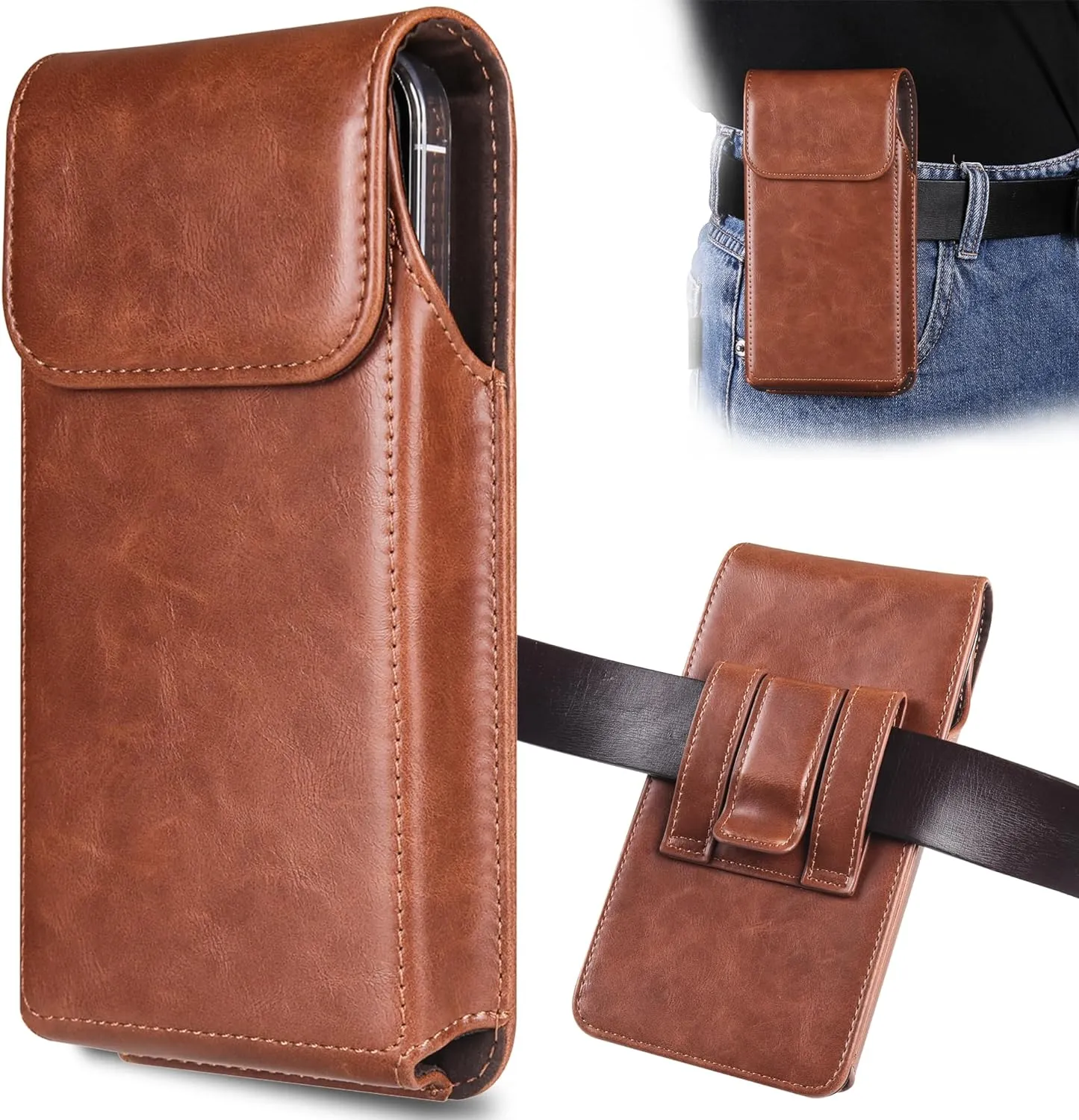 Holster for iPhone 15 Pro Max 14 Pro Max 13 Pro Max 12 Pro Max 11 Pro Max 15 Plus 14 Plus, Premium Leather Pouch with Belt Clip Phone Holster Belt Case, Brown -L, Large