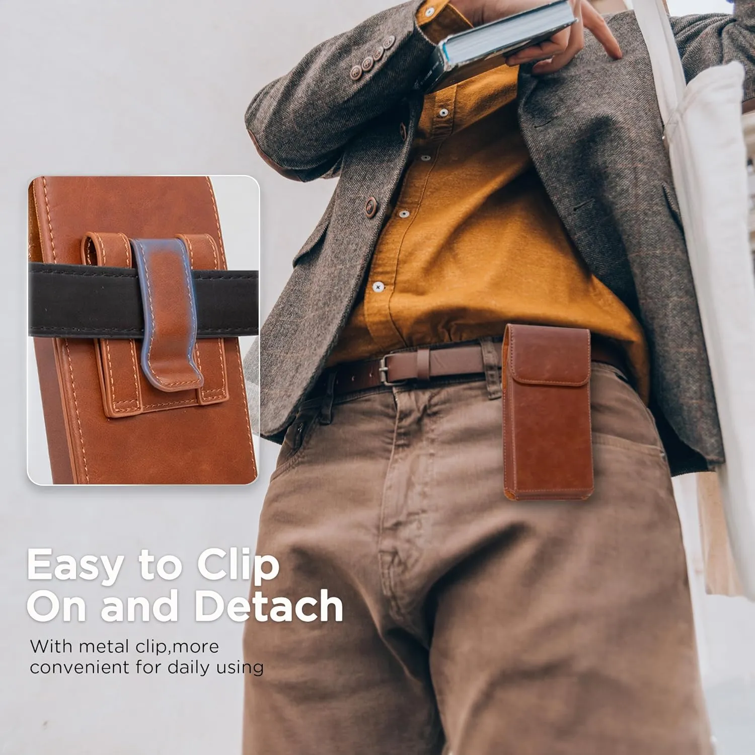 Holster for iPhone 15 Pro Max 14 Pro Max 13 Pro Max 12 Pro Max 11 Pro Max 15 Plus 14 Plus, Premium Leather Pouch with Belt Clip Phone Holster Belt Case, Brown -L, Large