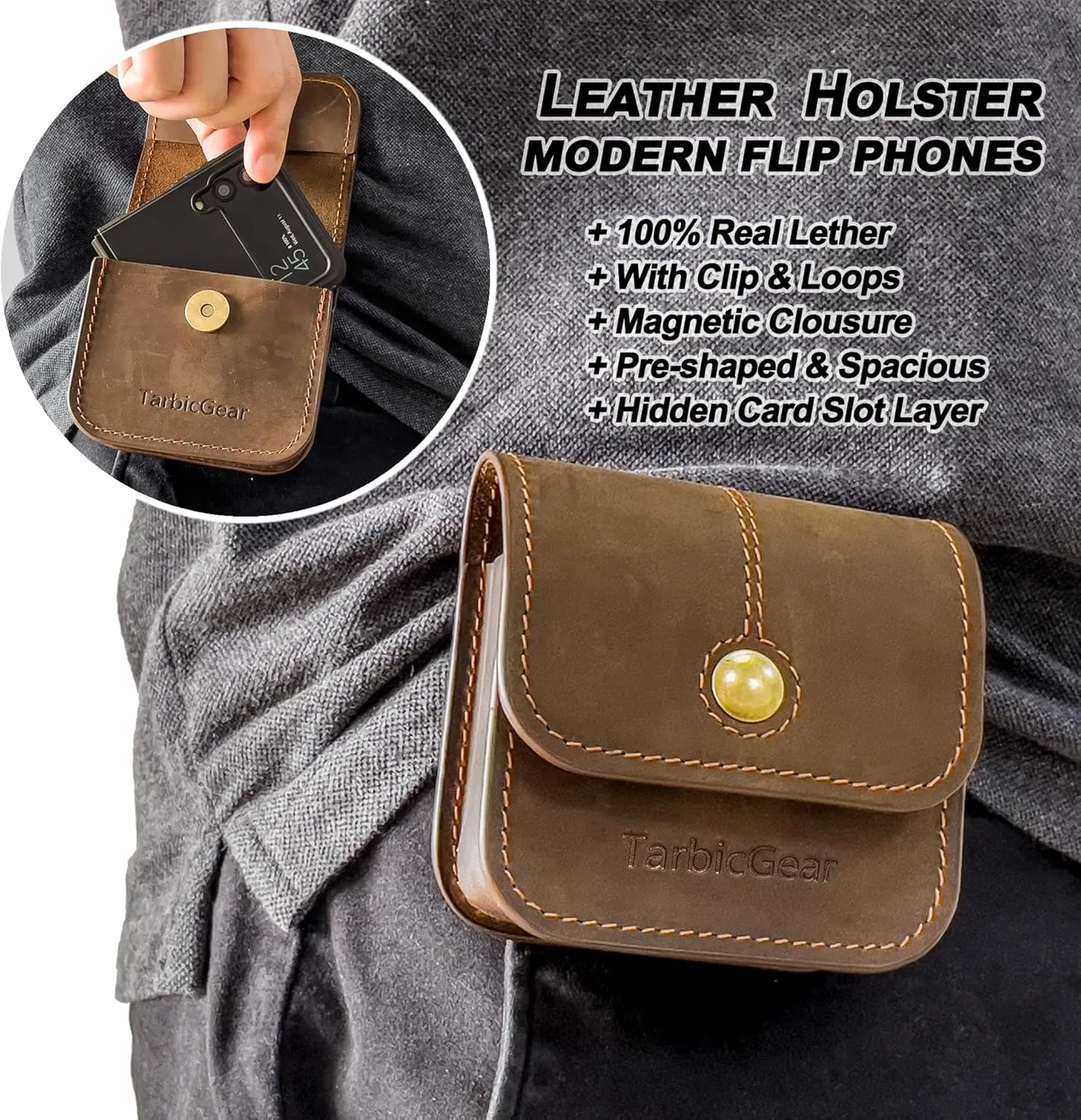 Holster for Samsung Z Flip 5/4/3, Motorola RAZR Series, Belt Clip Flip Phone Case with Card Holder & Magnetic Closure, Western Real Leather Pouch on Belt, Brown