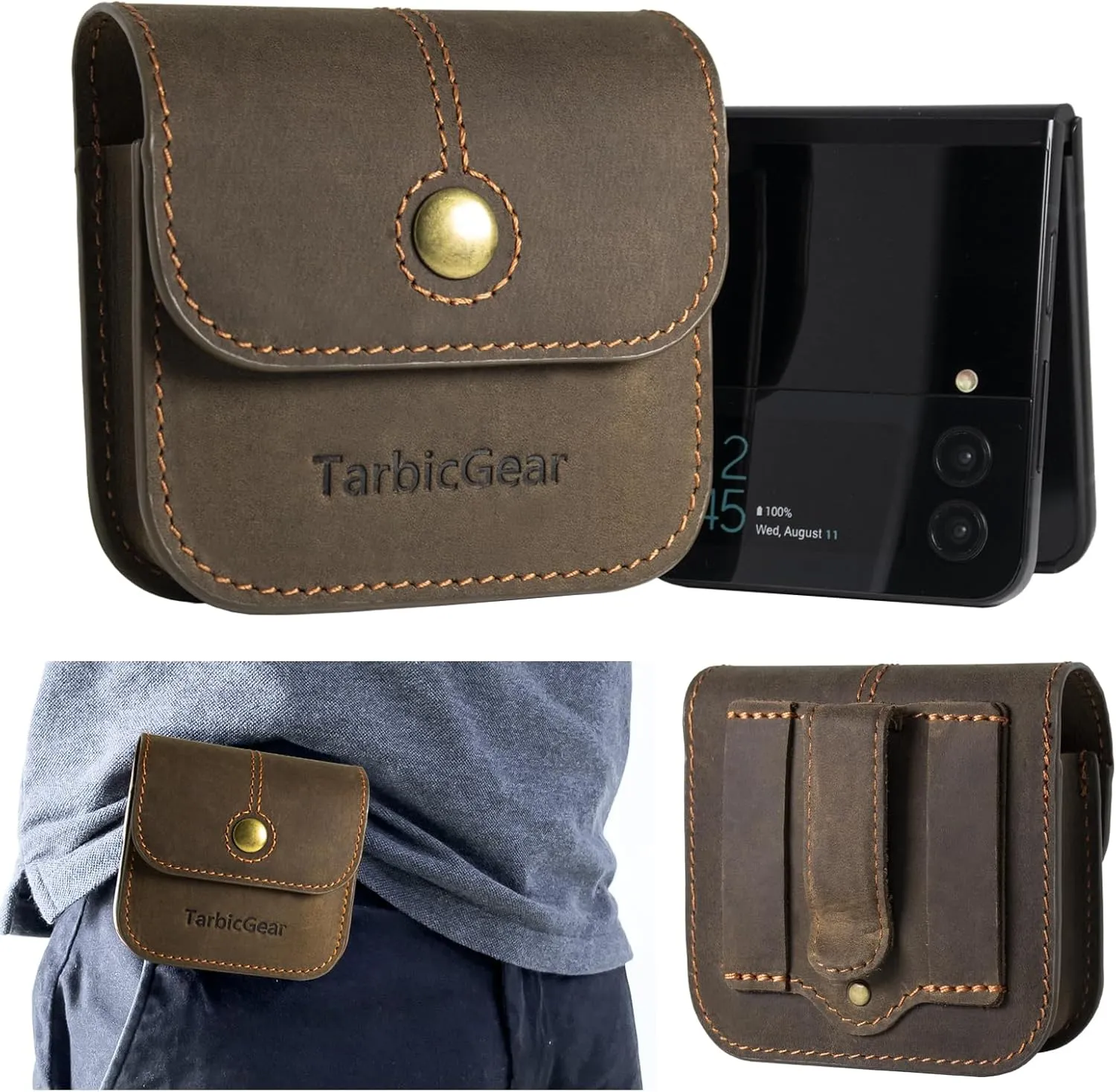 Holster for Samsung Z Flip 5/4/3, Motorola RAZR Series, Belt Clip Flip Phone Case with Card Holder & Magnetic Closure, Western Real Leather Pouch on Belt, Brown