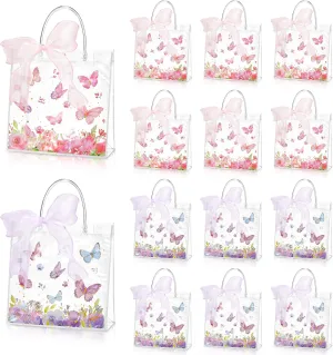 Hosuly 24 Pcs Butterfly Flower Gift Bags with Ribbon Roll Clear PVC Spring Butterfly Treat Bags with Handles Reusable Pink and Purple Pouches for Wedding Spring Birthday Party Baby Shower
