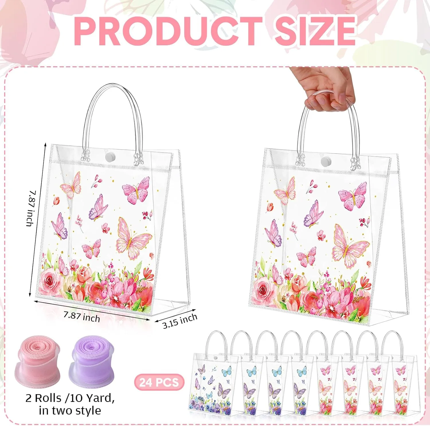 Hosuly 24 Pcs Butterfly Flower Gift Bags with Ribbon Roll Clear PVC Spring Butterfly Treat Bags with Handles Reusable Pink and Purple Pouches for Wedding Spring Birthday Party Baby Shower