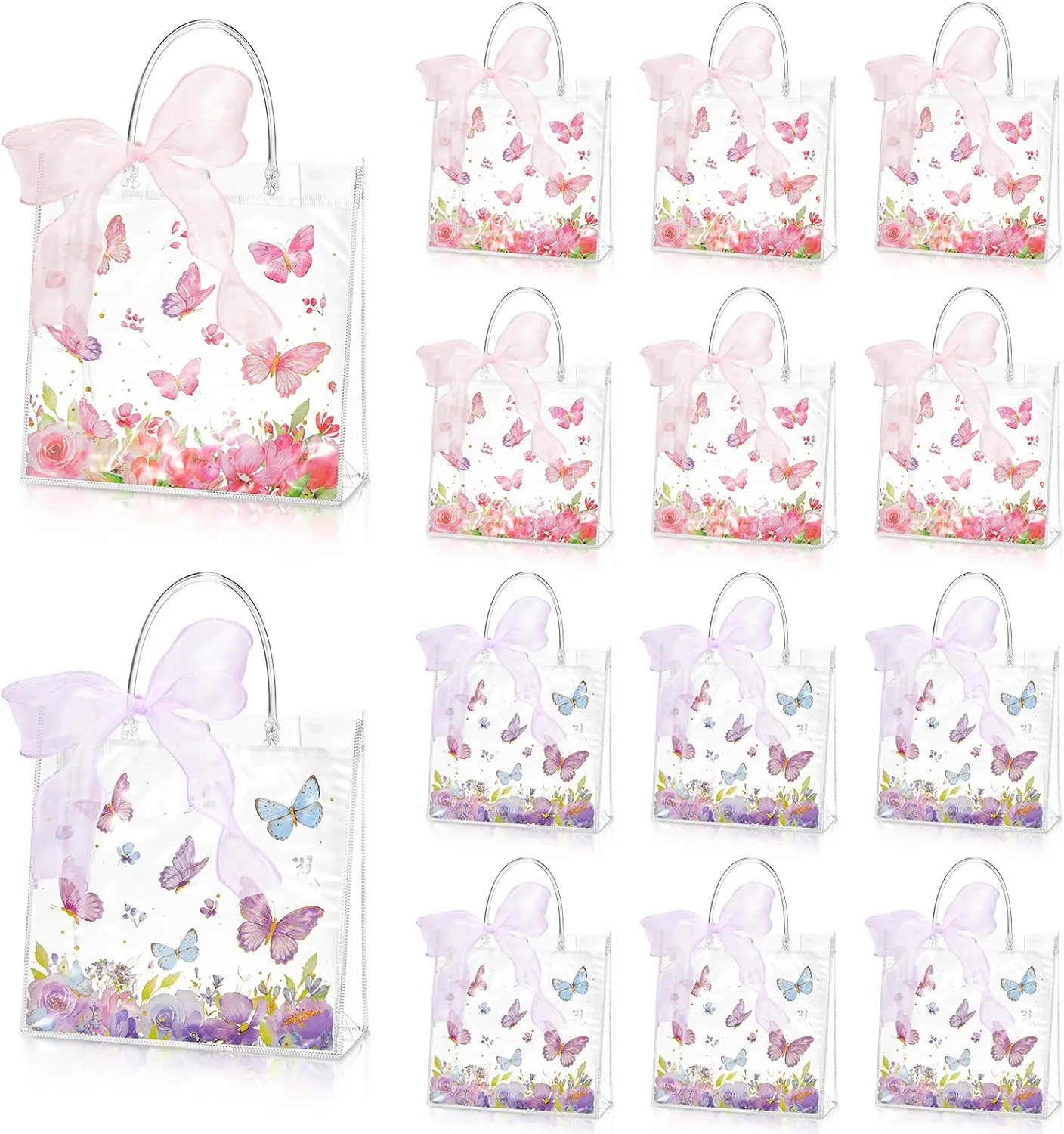 Hosuly 24 Pcs Butterfly Flower Gift Bags with Ribbon Roll Clear PVC Spring Butterfly Treat Bags with Handles Reusable Pink and Purple Pouches for Wedding Spring Birthday Party Baby Shower