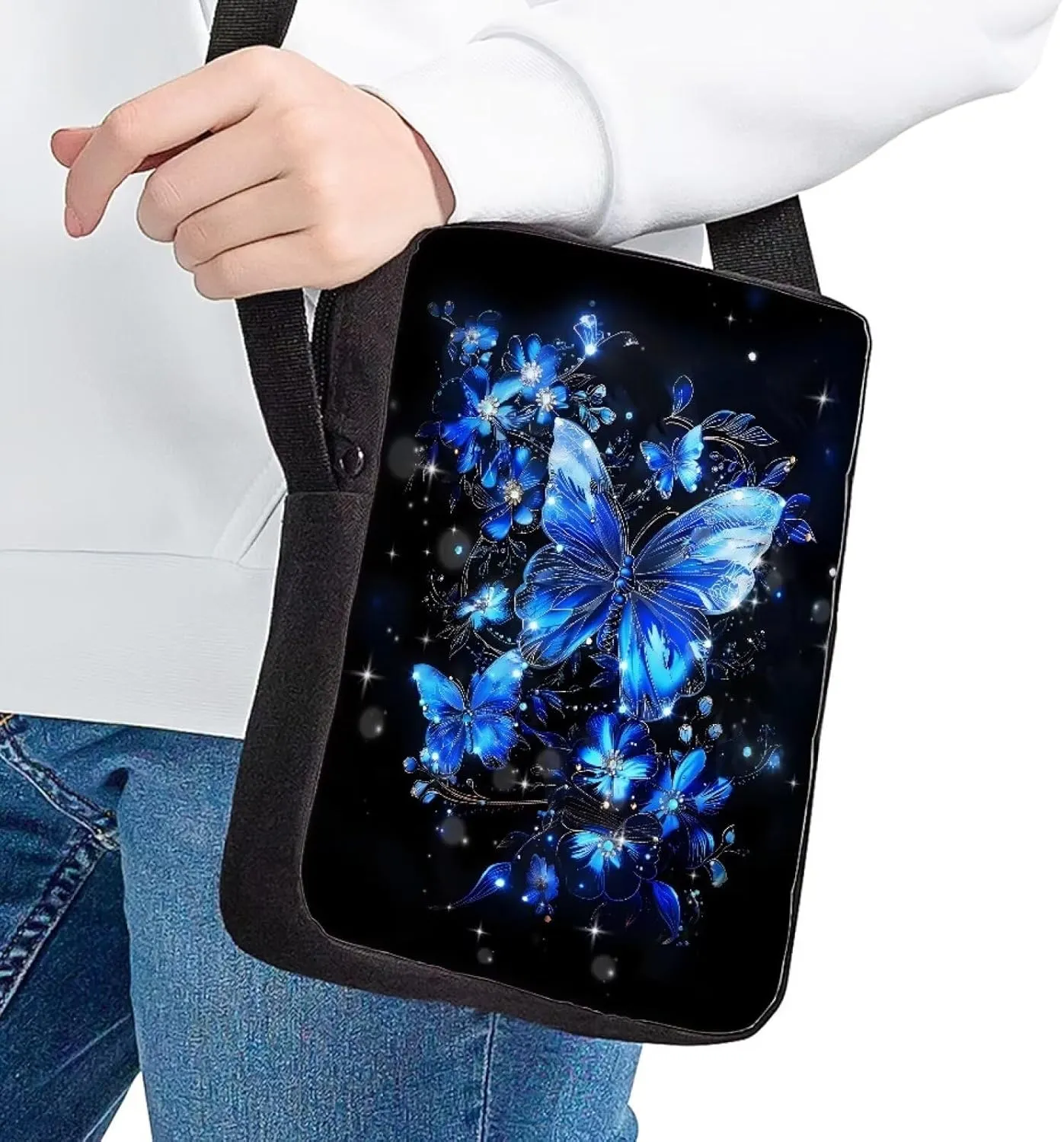HUGS IDEA Blue Butterfly Print Women's Crossbody Bag Cute Small Shoulder Handbag Cellphone Pouch for Girls