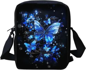 HUGS IDEA Blue Butterfly Print Women's Crossbody Bag Cute Small Shoulder Handbag Cellphone Pouch for Girls