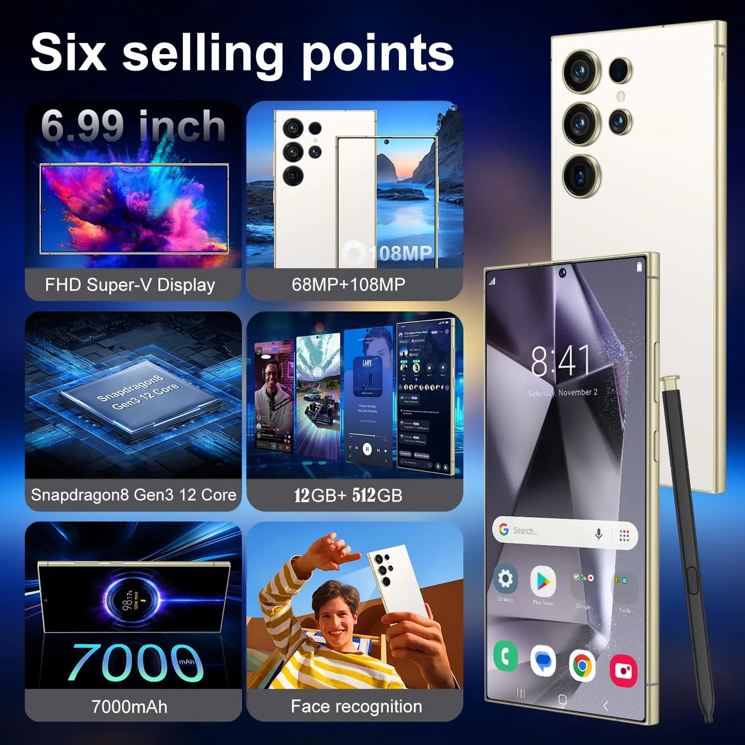 I25 Ultra Unlocked Phone,Android 14 12 512GB Smartphone,Built in Pen The Phone,Cell Phone Battery 7000mAh 6.99" HD Screen,Dual SIM/5G/Face ID/Fingerprint Lock/GPS (White, 12 512G)