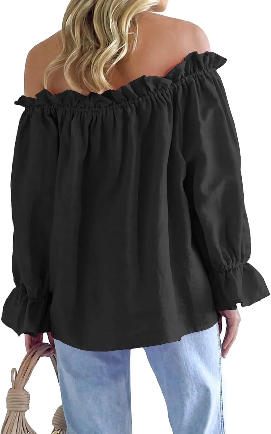 Imily Bela Womens Off The Shoulder Tops Puff Long Sleeve Tie Front Loose Fit Ruffle Shirts Blouses