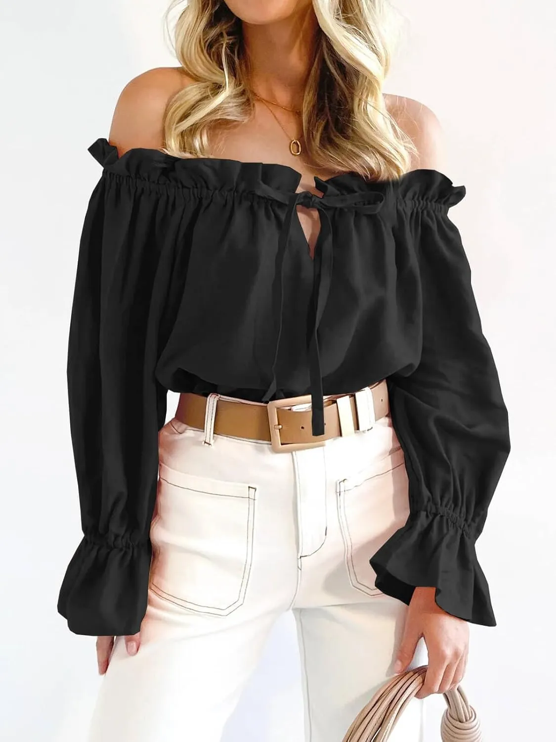 Imily Bela Womens Off The Shoulder Tops Puff Long Sleeve Tie Front Loose Fit Ruffle Shirts Blouses