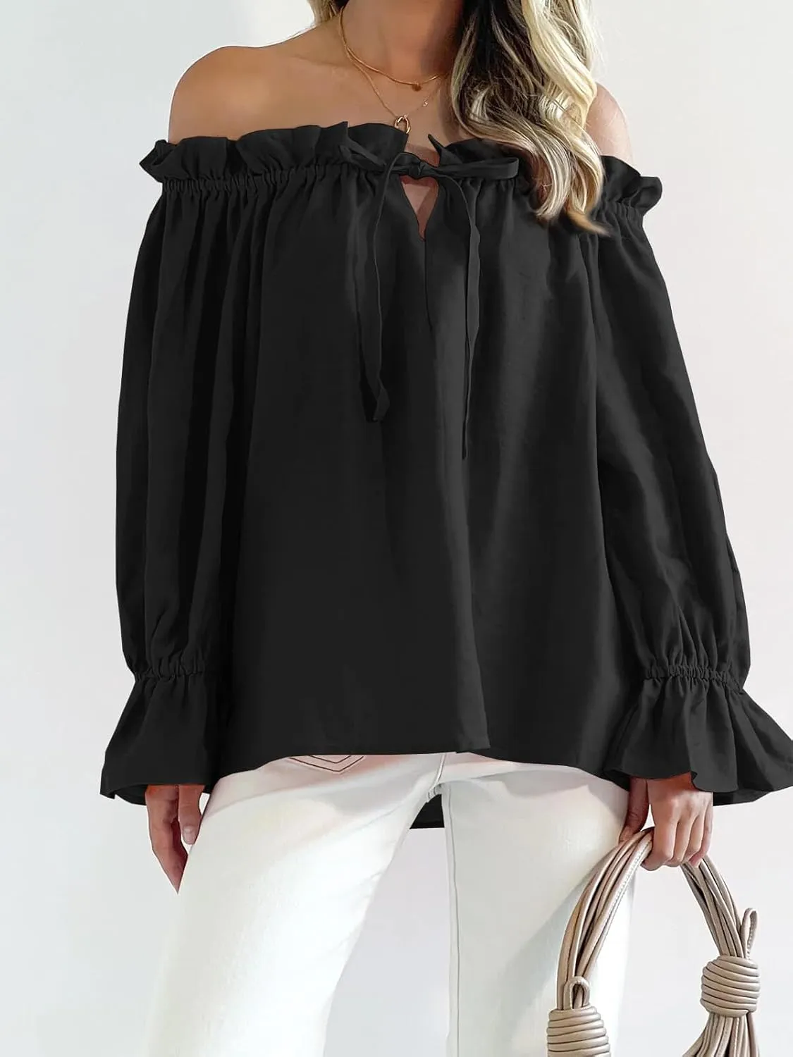 Imily Bela Womens Off The Shoulder Tops Puff Long Sleeve Tie Front Loose Fit Ruffle Shirts Blouses