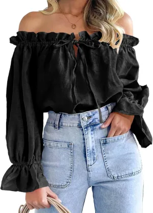 Imily Bela Womens Off The Shoulder Tops Puff Long Sleeve Tie Front Loose Fit Ruffle Shirts Blouses