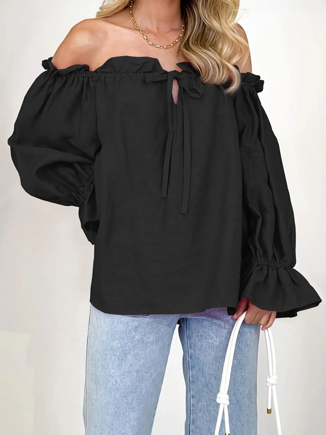 Imily Bela Womens Off The Shoulder Tops Puff Long Sleeve Tie Front Loose Fit Ruffle Shirts Blouses