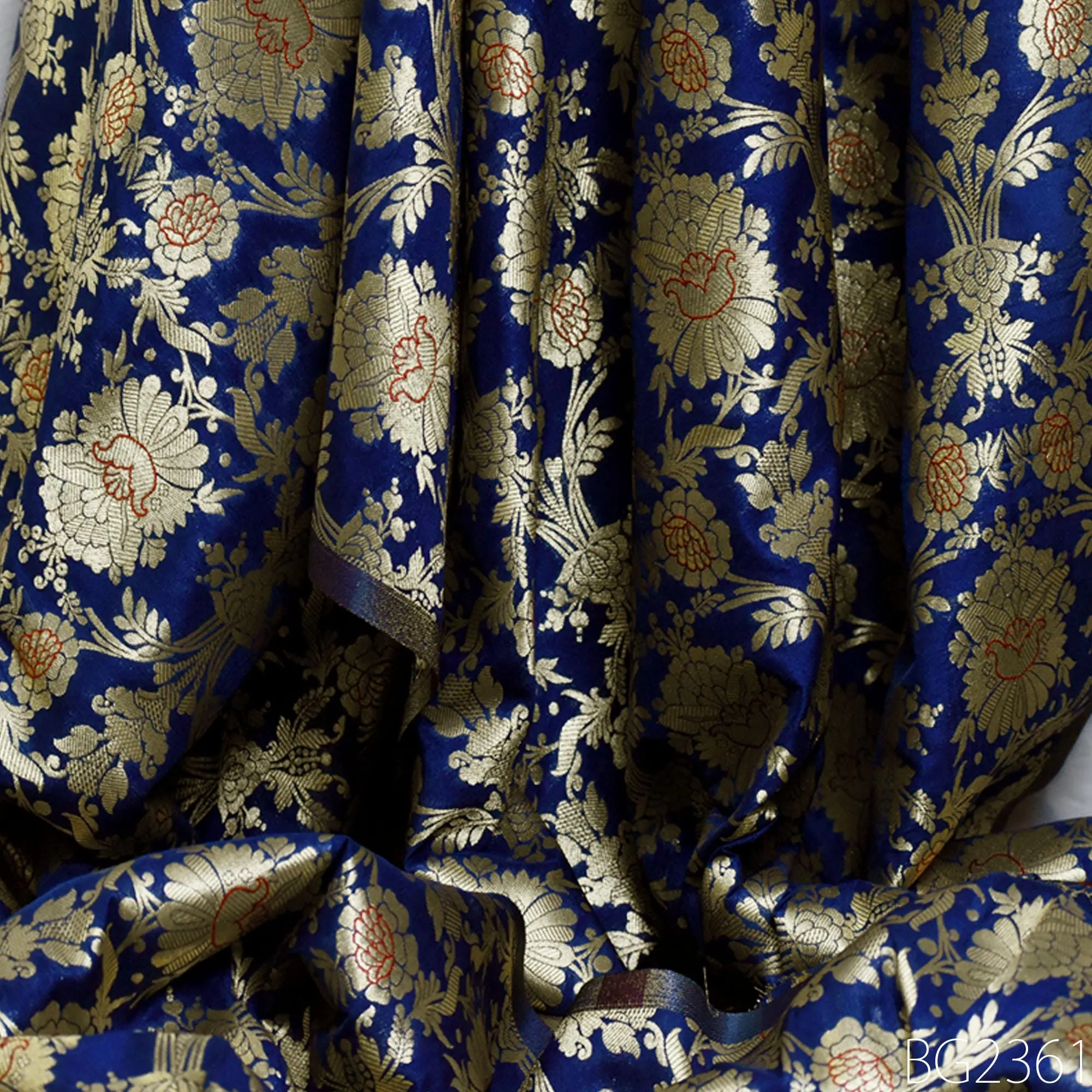 Indian Blue Brocade by the Yard Pure Katan Banarasi Wedding Dress Costume Material Sewing Lehenga Skirt Men Vest Jacket Curtains Upholstery