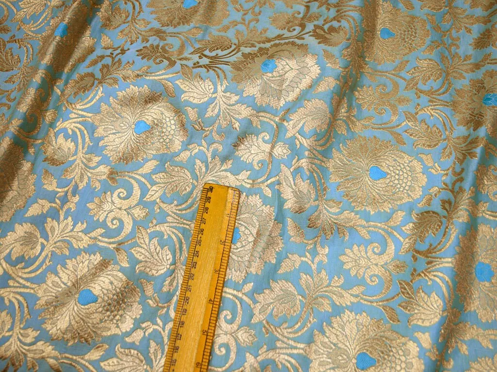 Indian Brocade Fabric Powder Blue Gold Banarasi Blended Silk Bridal Wedding Dresses Lengha Crafting Sewing Drapery Upholstery Costume