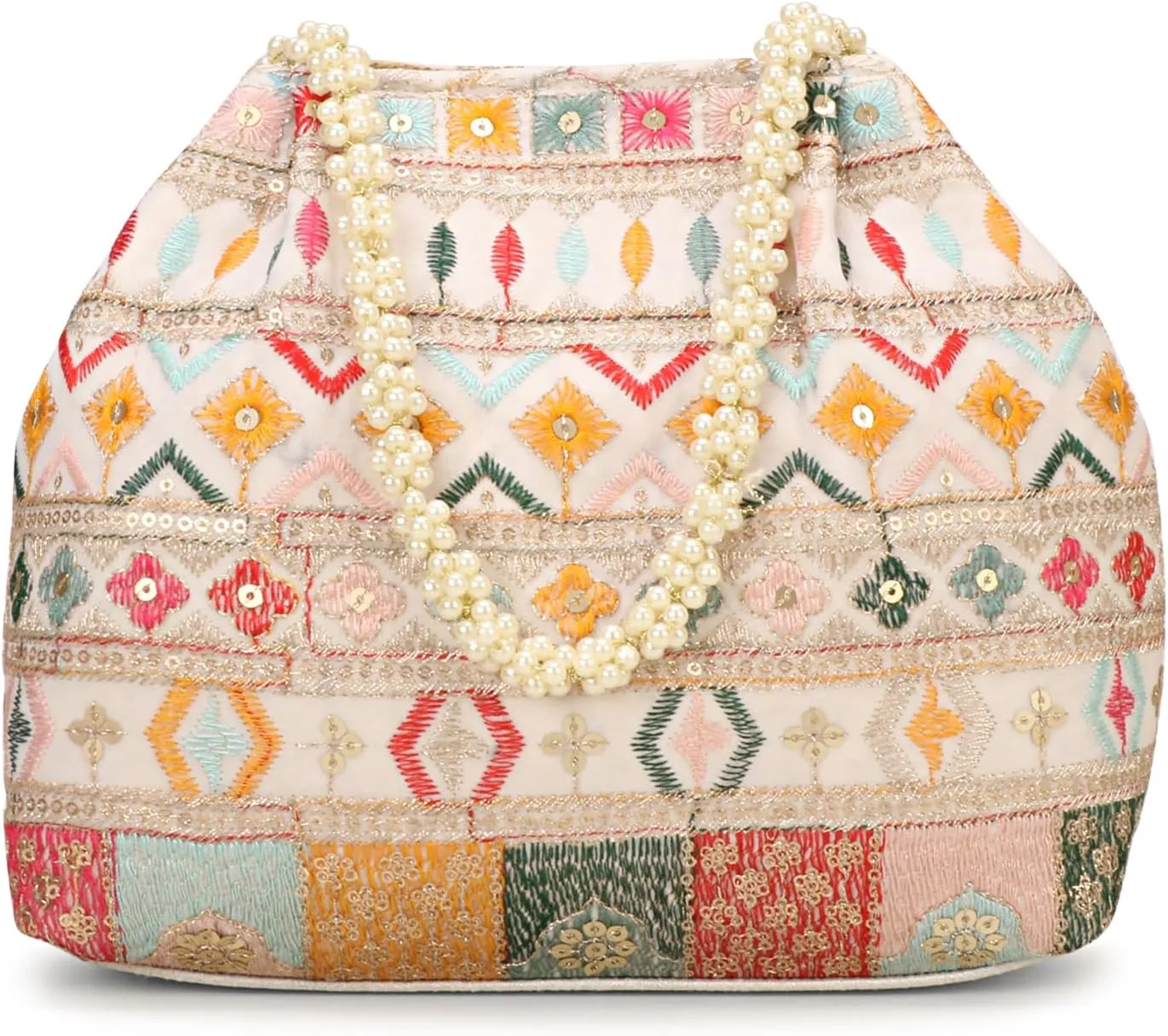 Indian Ethnic Designer Embroidered Silk Potli Bag Batwa Pearls Handle Purse For Women and Gifting Purpose