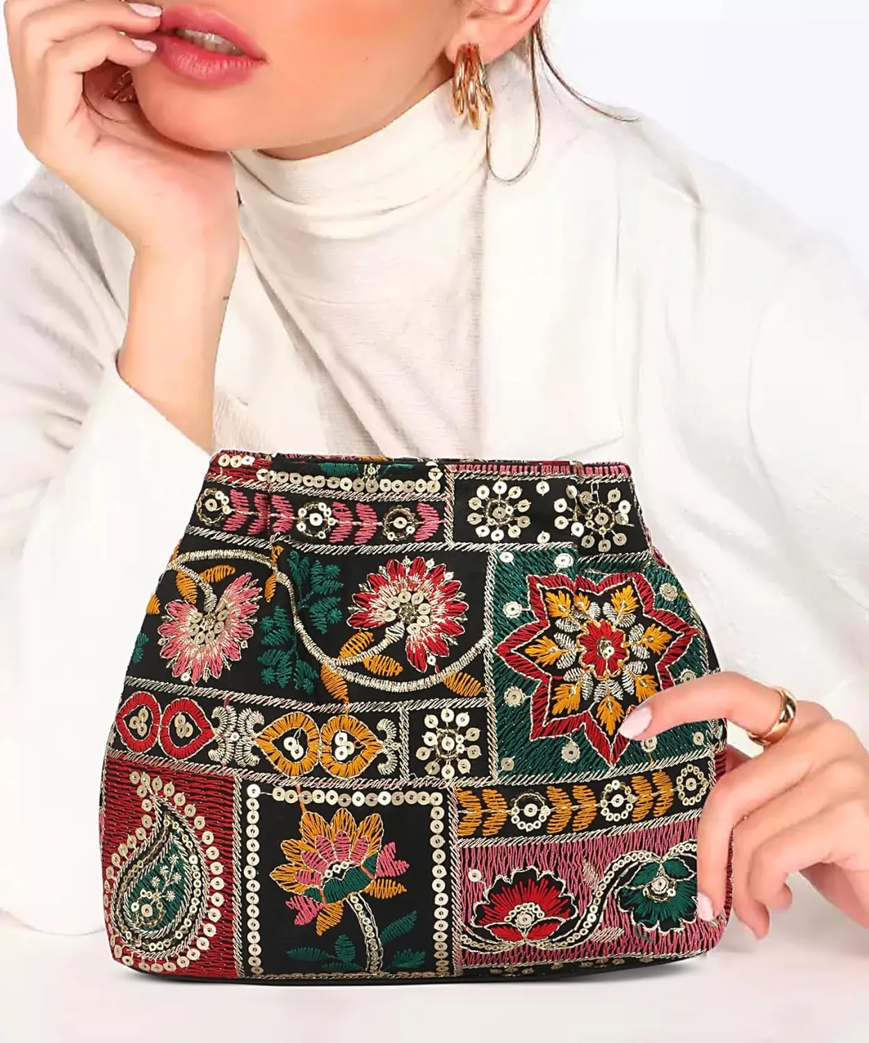Indian Ethnic Designer Embroidered Silk Potli Bag Batwa Pearls Handle Purse For Women and Gifting Purpose