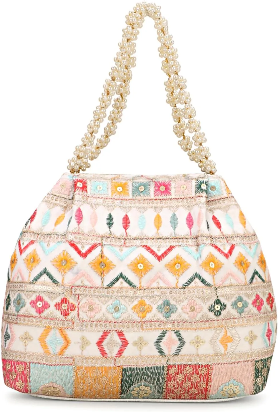 Indian Ethnic Designer Embroidered Silk Potli Bag Batwa Pearls Handle Purse For Women and Gifting Purpose