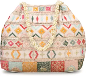 Indian Ethnic Designer Embroidered Silk Potli Bag Batwa Pearls Handle Purse For Women and Gifting Purpose