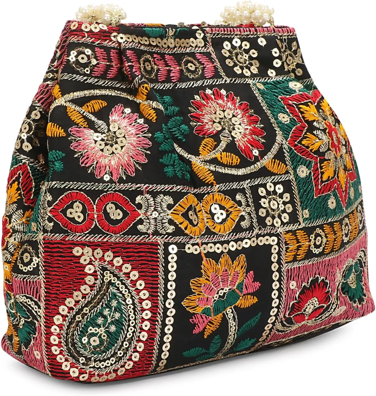 Indian Ethnic Designer Embroidered Silk Potli Bag Batwa Pearls Handle Purse For Women and Gifting Purpose