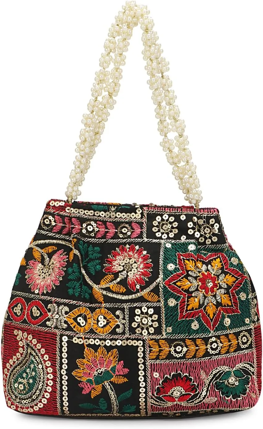Indian Ethnic Designer Embroidered Silk Potli Bag Batwa Pearls Handle Purse For Women and Gifting Purpose