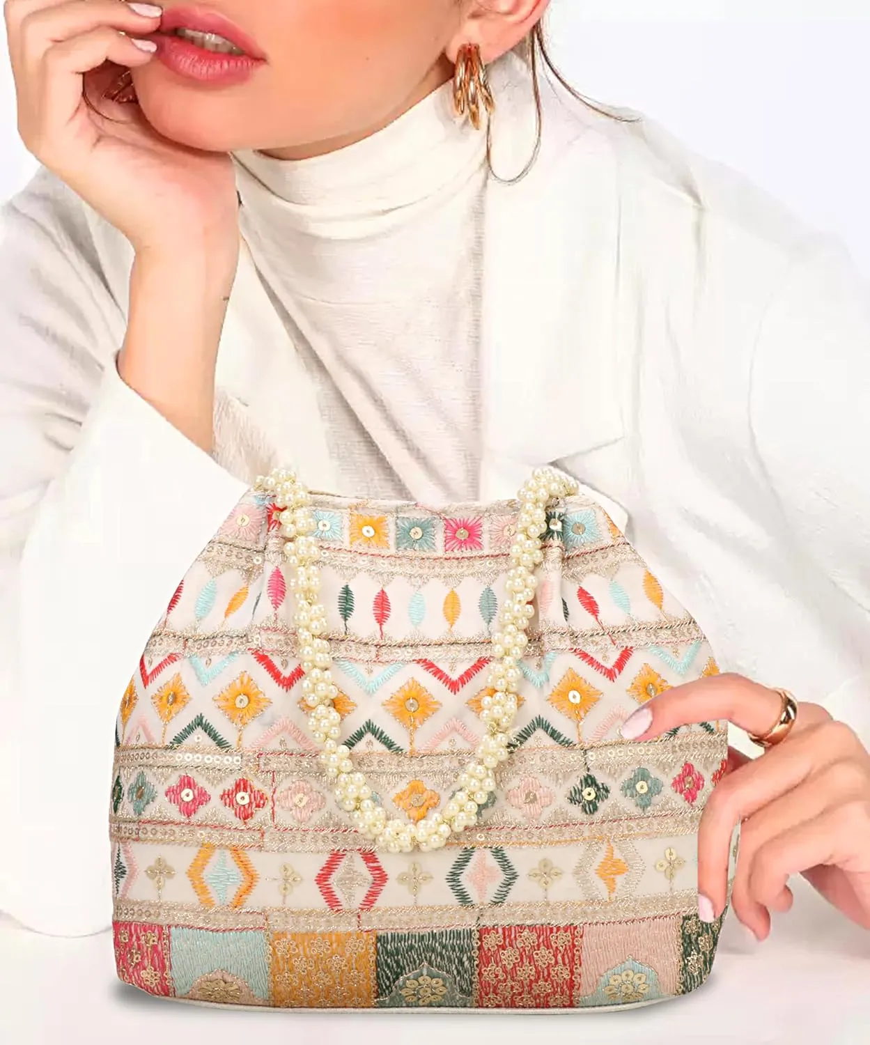 Indian Ethnic Designer Embroidered Silk Potli Bag Batwa Pearls Handle Purse For Women and Gifting Purpose