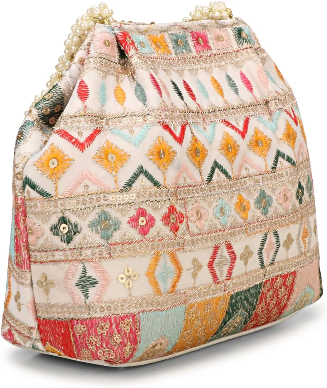 Indian Ethnic Designer Embroidered Silk Potli Bag Batwa Pearls Handle Purse For Women and Gifting Purpose