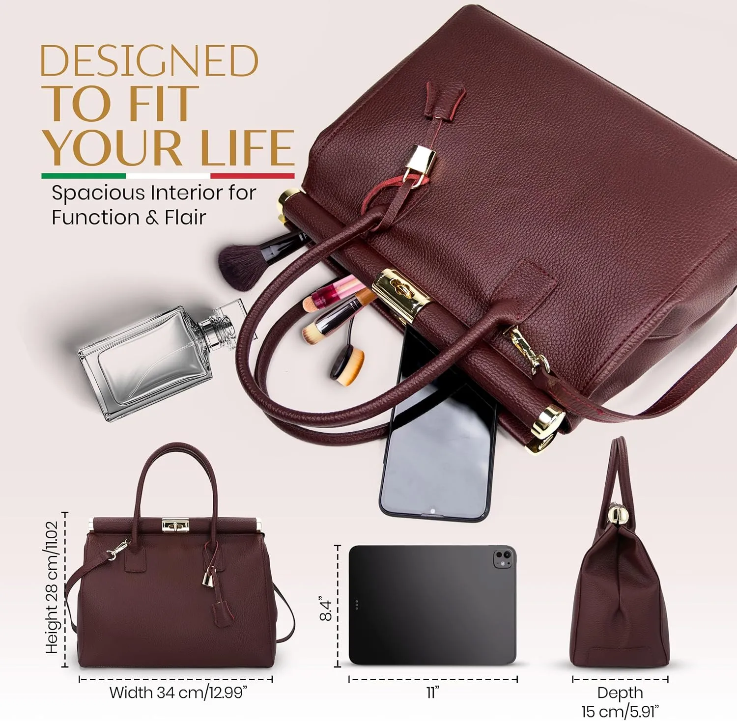 Italian Leather Handbags for Women - Spacious Interior, Durable Hardware, Crossbody Strap, Handmade