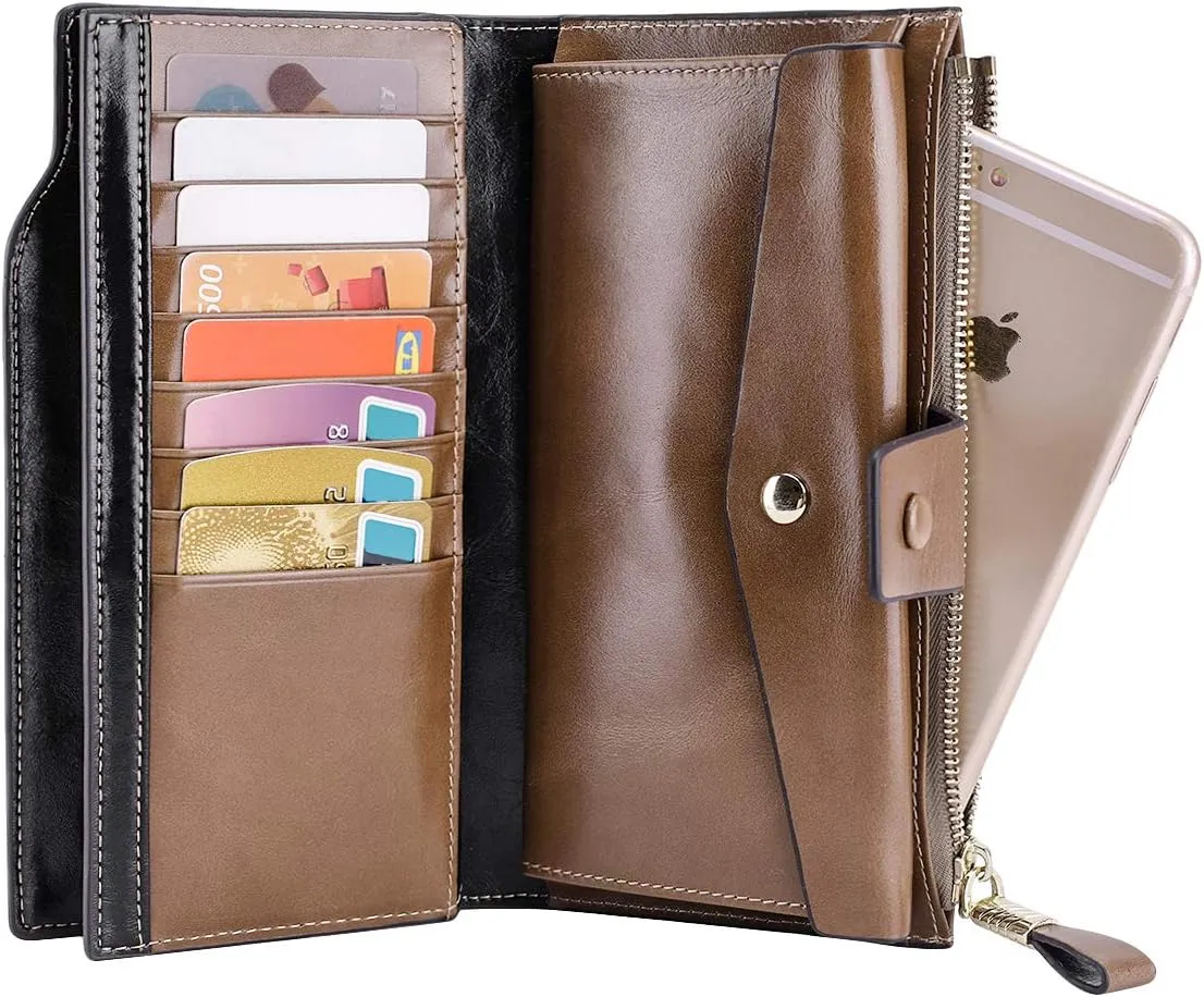 Itslife Women's RFID Blocking Large Capacity Luxury Wax Genuine Leather Clutch Wallet Ladies Card holder
