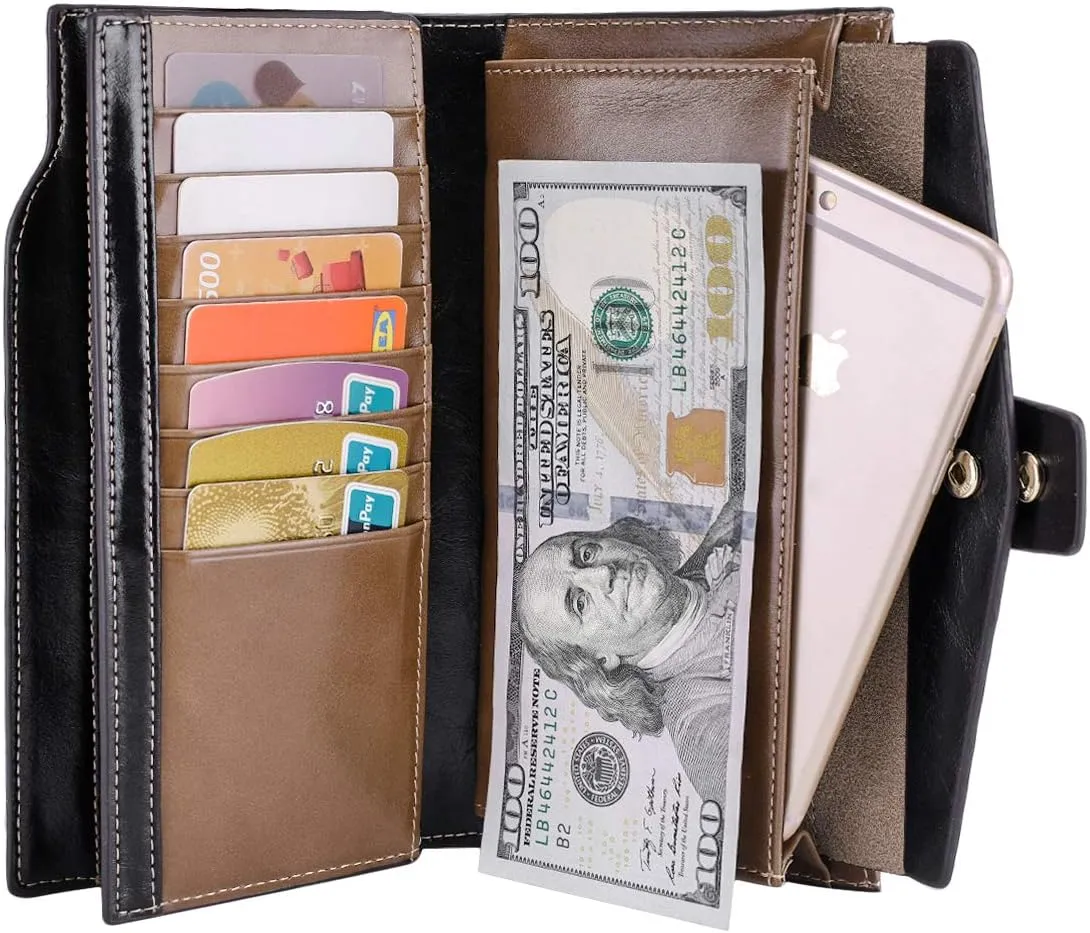 Itslife Women's RFID Blocking Large Capacity Luxury Wax Genuine Leather Clutch Wallet Ladies Card holder