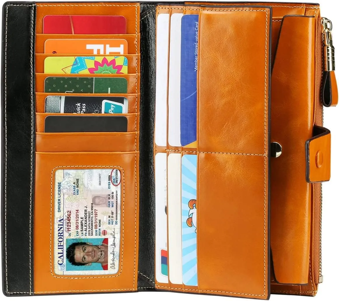 Itslife Womens Wallet Leather RFID Blocking Large Capacity Luxury Wax Genuine Clutch Wallet Ladies Card holder