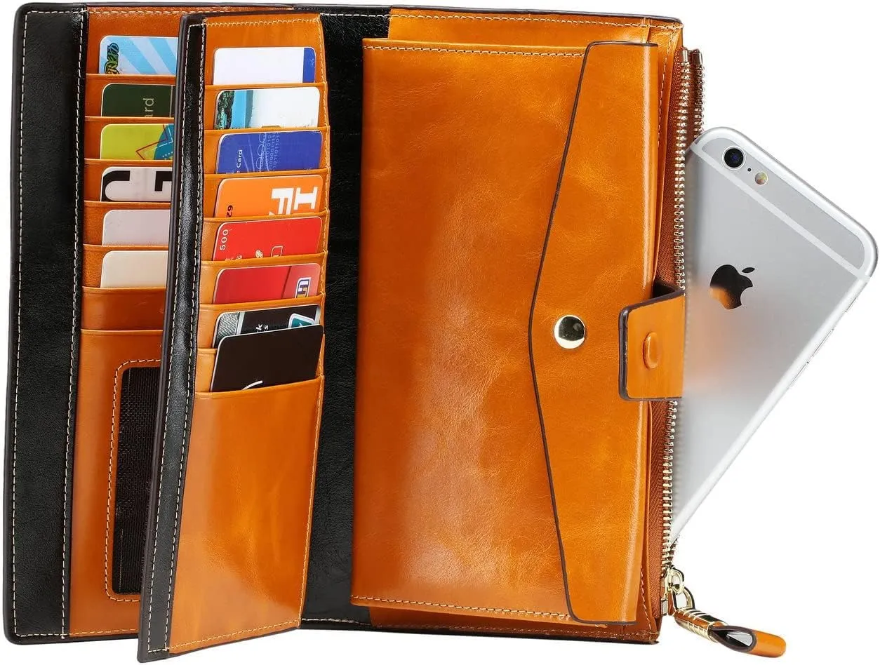 Itslife Womens Wallet Leather RFID Blocking Large Capacity Luxury Wax Genuine Clutch Wallet Ladies Card holder