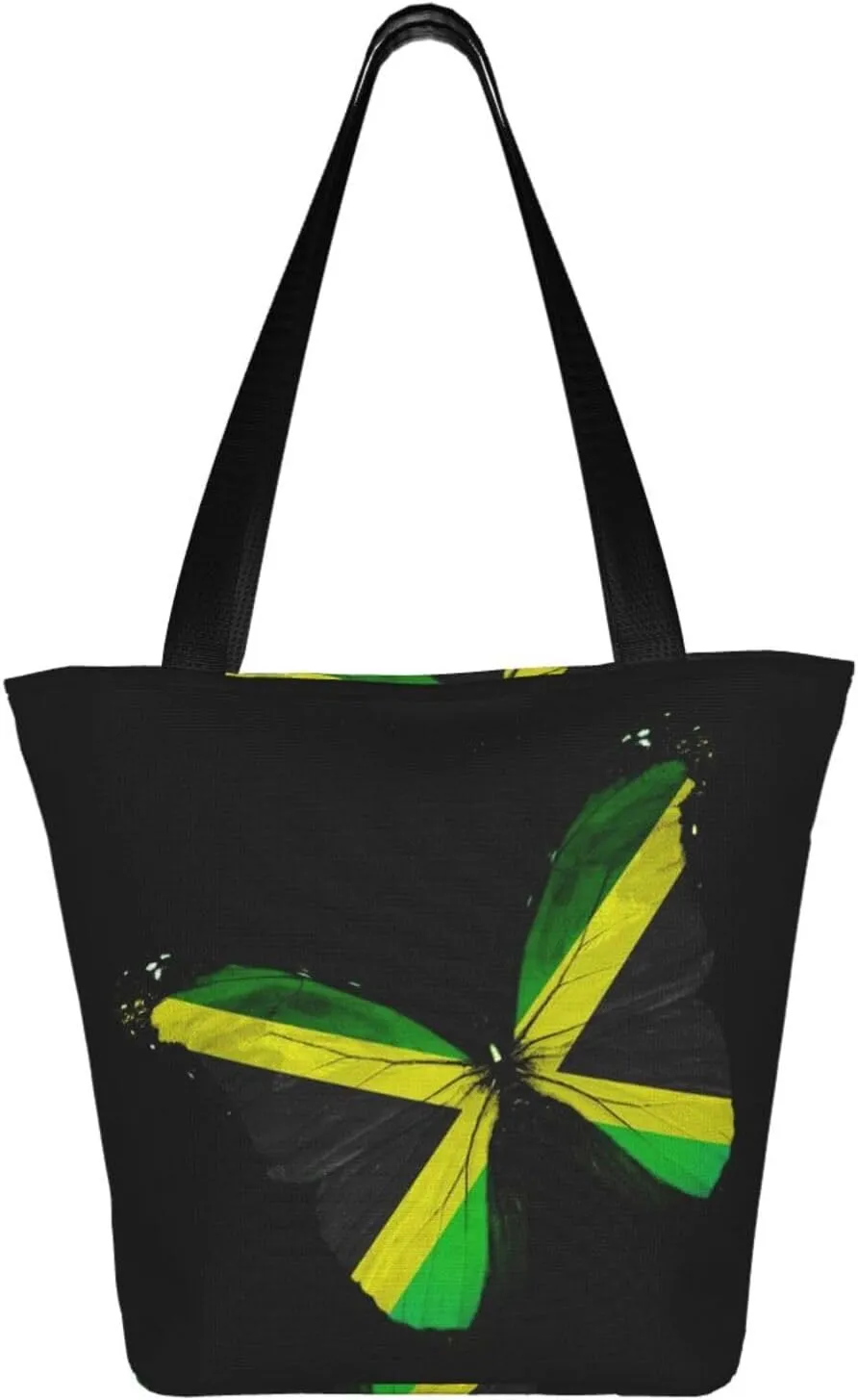 Jamaican Flag Butterfly Women's Tote Bag Lightweight Shoulder Bag Shopping Handbag Large Capacity Handbag With Zipper