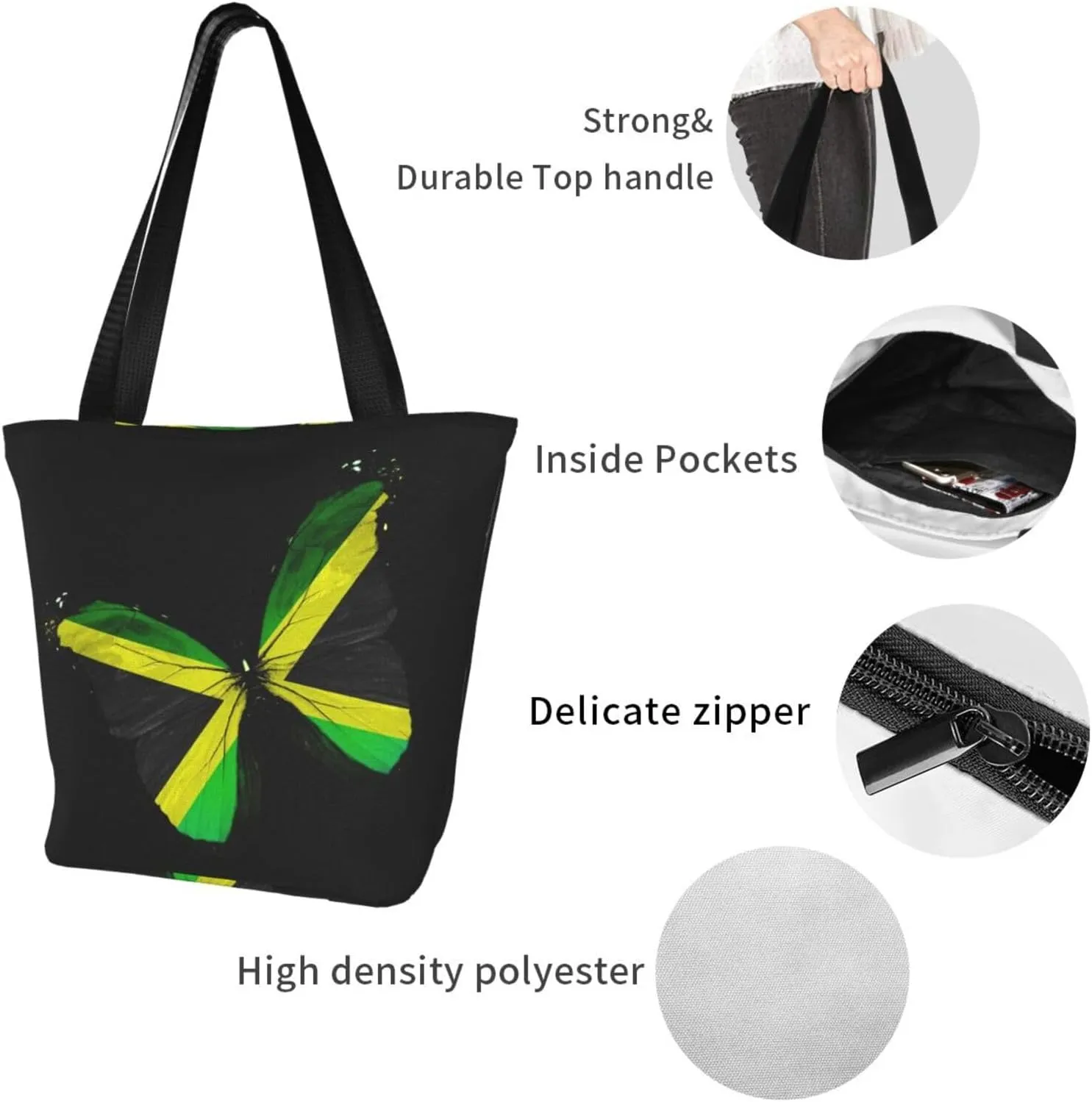 Jamaican Flag Butterfly Women's Tote Bag Lightweight Shoulder Bag Shopping Handbag Large Capacity Handbag With Zipper