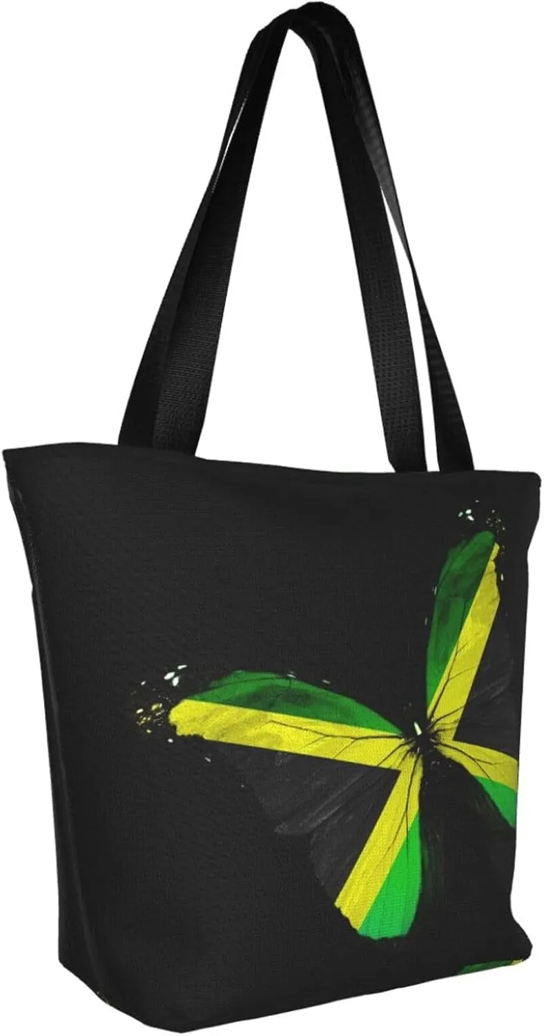 Jamaican Flag Butterfly Women's Tote Bag Lightweight Shoulder Bag Shopping Handbag Large Capacity Handbag With Zipper