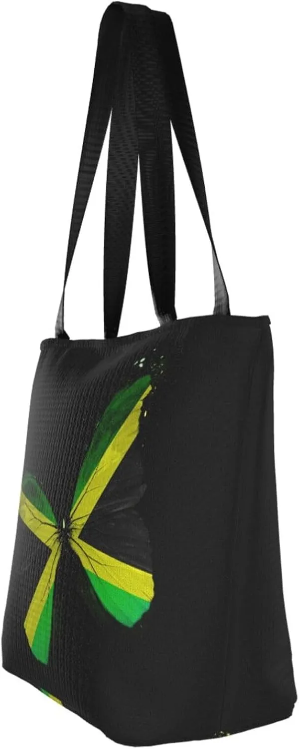 Jamaican Flag Butterfly Women's Tote Bag Lightweight Shoulder Bag Shopping Handbag Large Capacity Handbag With Zipper