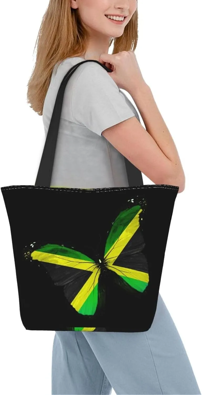 Jamaican Flag Butterfly Women's Tote Bag Lightweight Shoulder Bag Shopping Handbag Large Capacity Handbag With Zipper