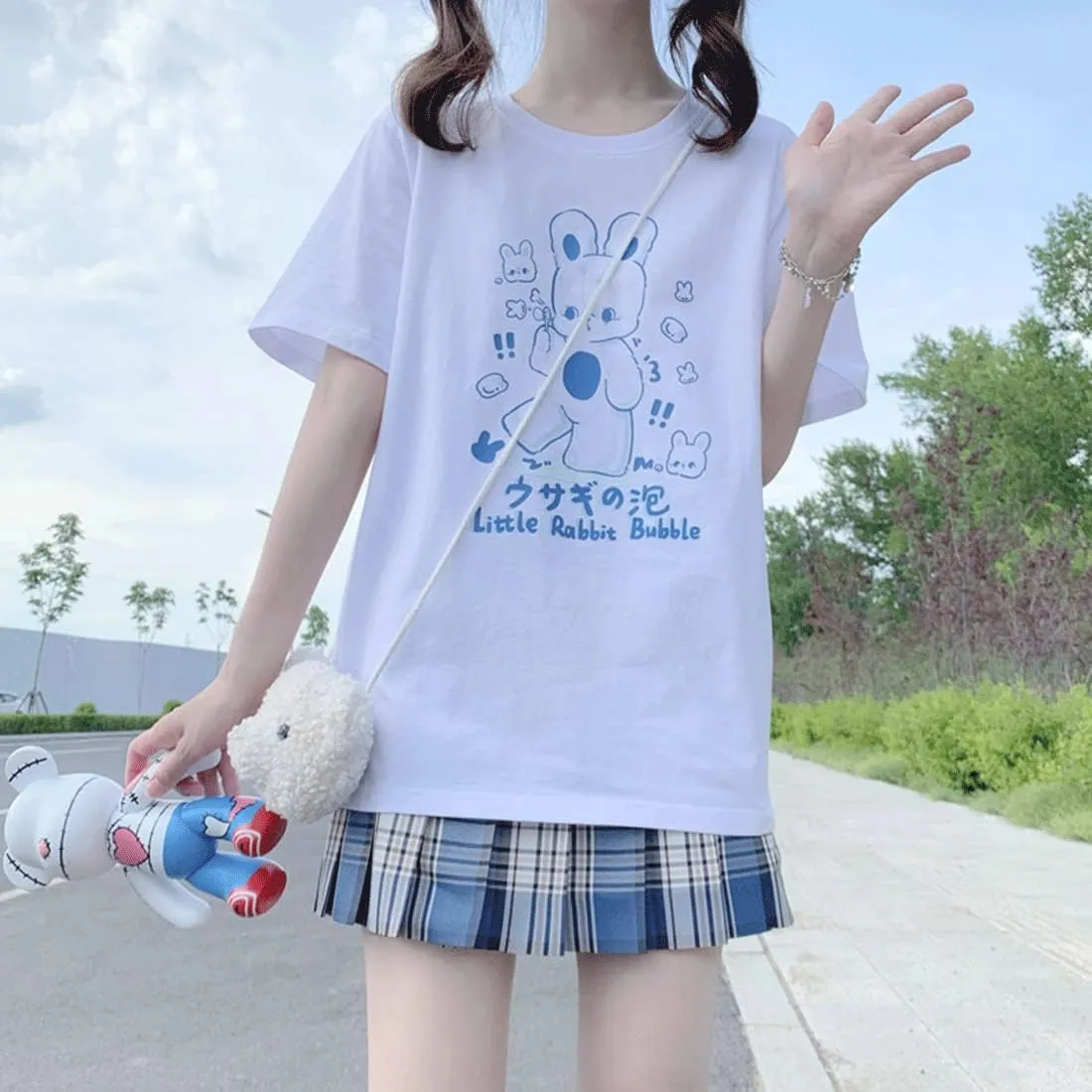 Japanese Harajuku Kawaii Goth Casual Style Loose Crewneck Cute Cartoon Little Rabbit Bubble Print T-Shirt