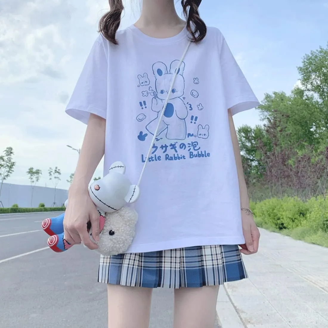 Japanese Harajuku Kawaii Goth Casual Style Loose Crewneck Cute Cartoon Little Rabbit Bubble Print T-Shirt