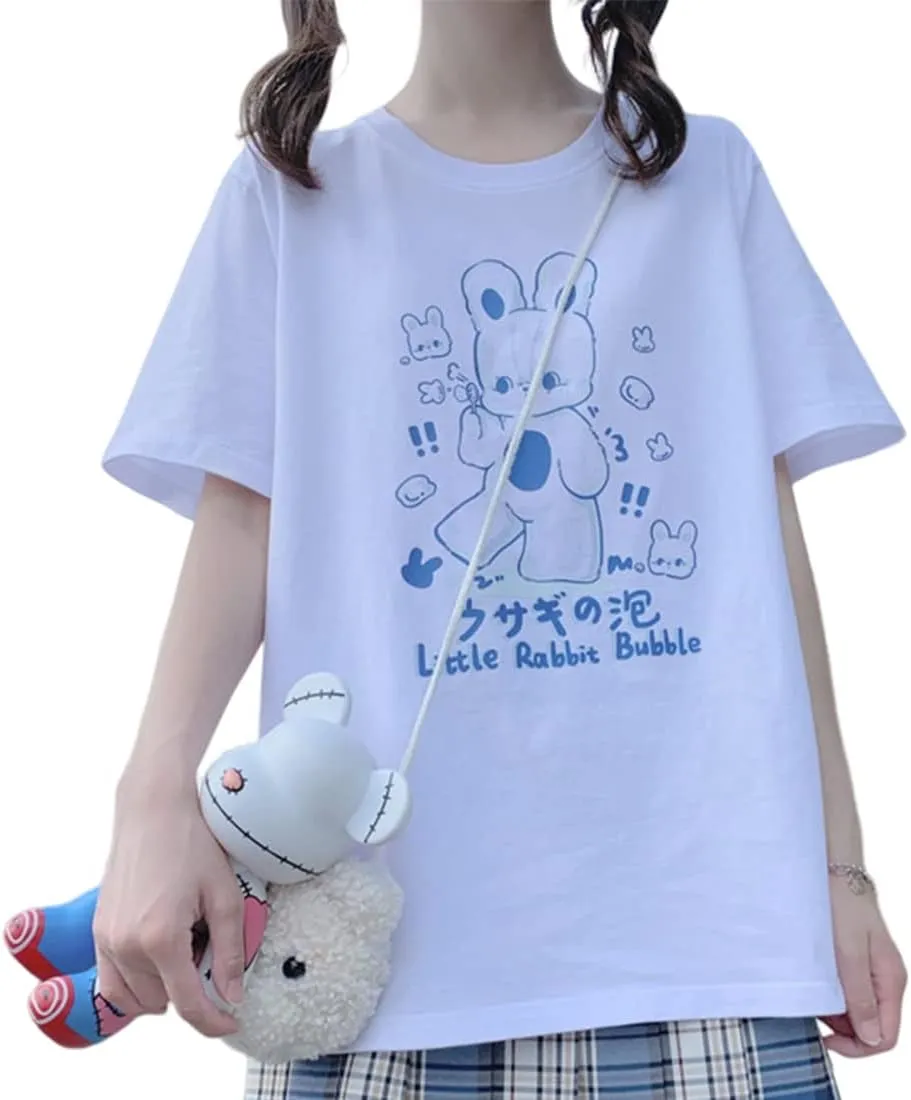 Japanese Harajuku Kawaii Goth Casual Style Loose Crewneck Cute Cartoon Little Rabbit Bubble Print T-Shirt