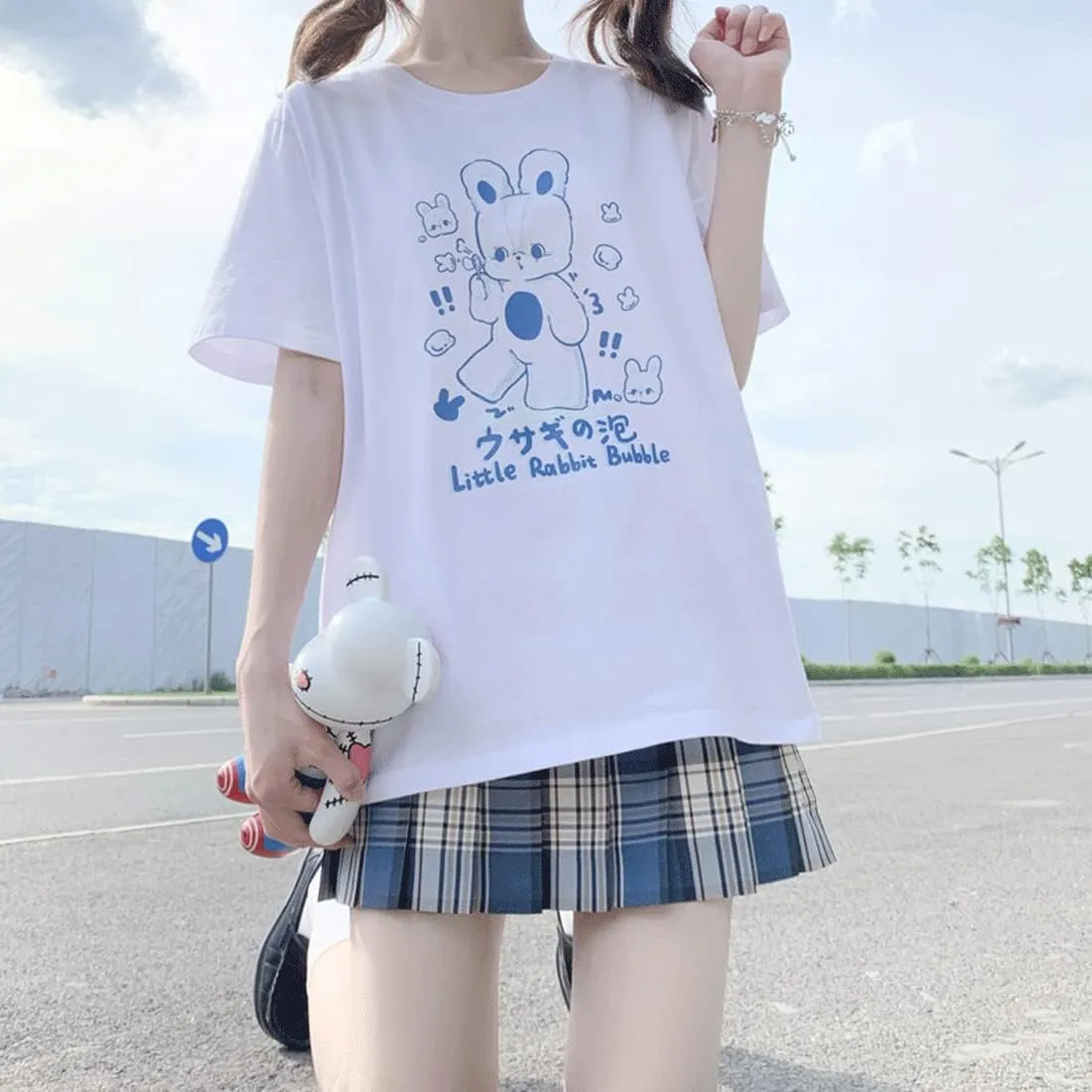 Japanese Harajuku Kawaii Goth Casual Style Loose Crewneck Cute Cartoon Little Rabbit Bubble Print T-Shirt