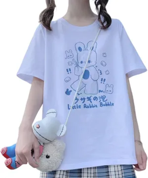 Japanese Harajuku Kawaii Goth Casual Style Loose Crewneck Cute Cartoon Little Rabbit Bubble Print T-Shirt