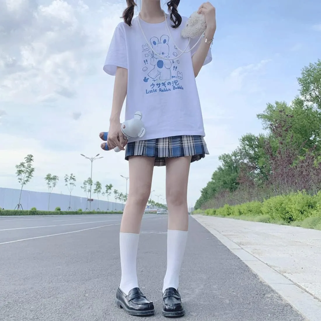 Japanese Harajuku Kawaii Goth Casual Style Loose Crewneck Cute Cartoon Little Rabbit Bubble Print T-Shirt