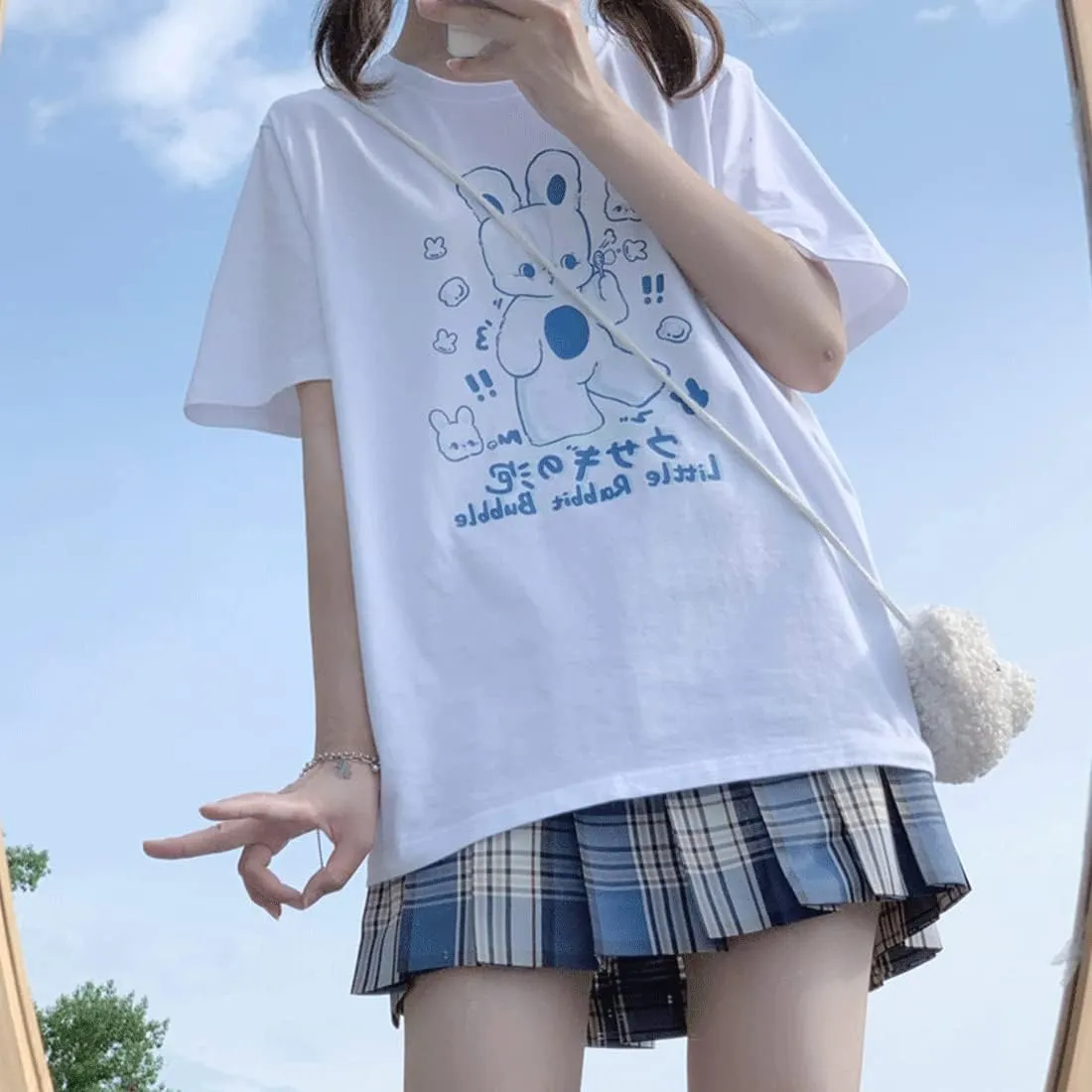 Japanese Harajuku Kawaii Goth Casual Style Loose Crewneck Cute Cartoon Little Rabbit Bubble Print T-Shirt