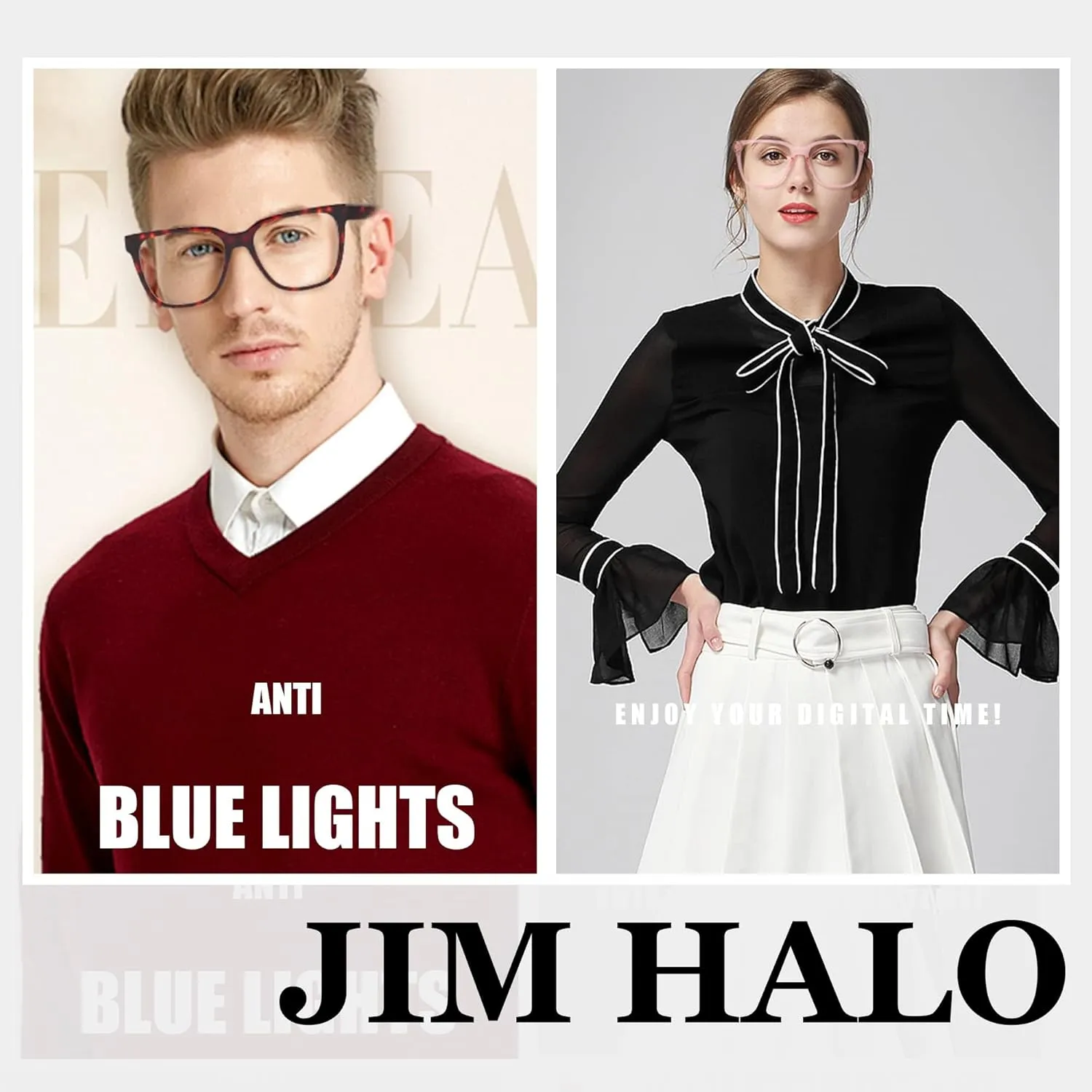 JIM HALO 2 Pack Anti Blue Light Glasses for Women Men, Oversized Square Computer/Gaming/TV/Phones Glasses Bluelight Blocking