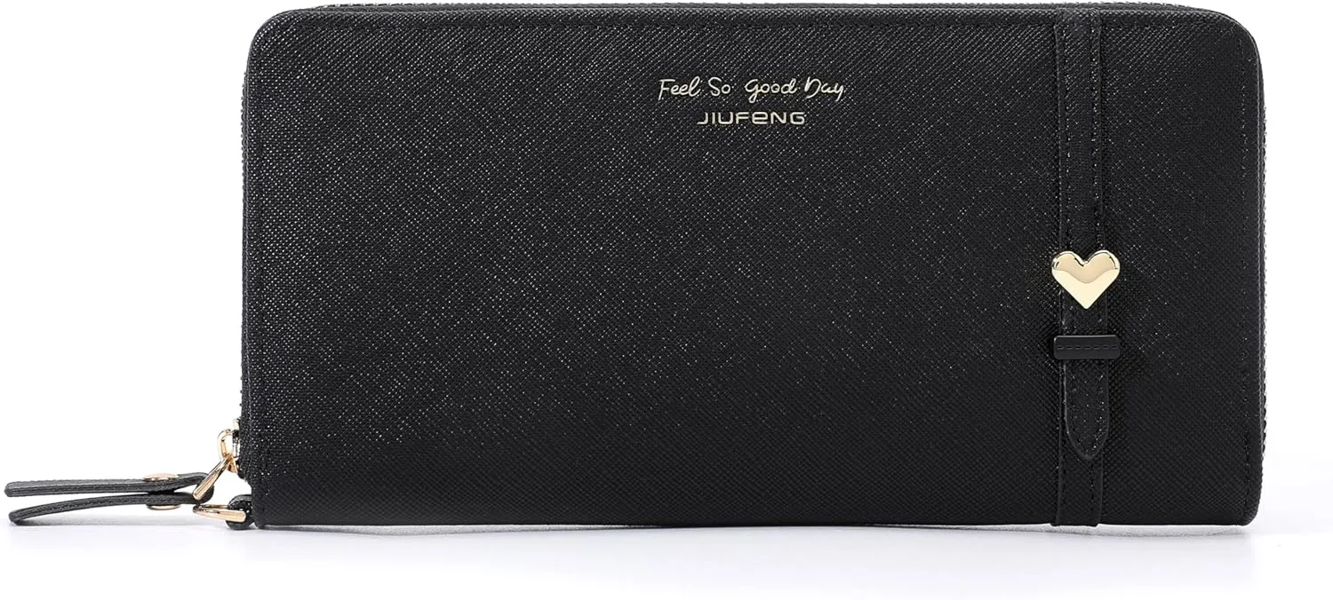 JIUFENG Women Long RFID Blocking Wallet Large Capacity Zipper Wristlet Purse Card Holder Cellphone Bag Fashion Clutches