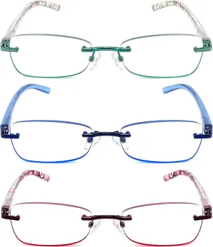 JJWELL 3 Pack Blue Light Blocking Reading Glasses for Women, Anti Eyestrain/Computer Glare UV 400 Filter Readers with Spring Hinge, Lightweight Rimless Tinted Metal Blue Rays Eyeglasses (4.00)