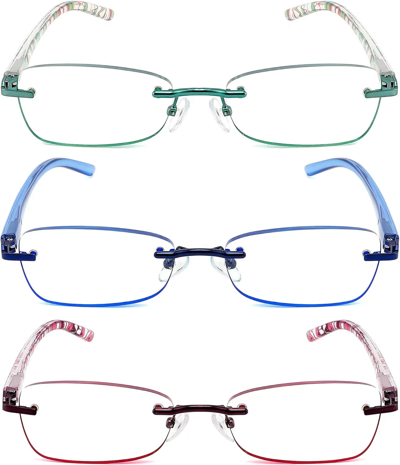 JJWELL 3 Pack Blue Light Blocking Reading Glasses for Women, Anti Eyestrain/Computer Glare UV 400 Filter Readers with Spring Hinge, Lightweight Rimless Tinted Metal Blue Rays Eyeglasses (4.00)