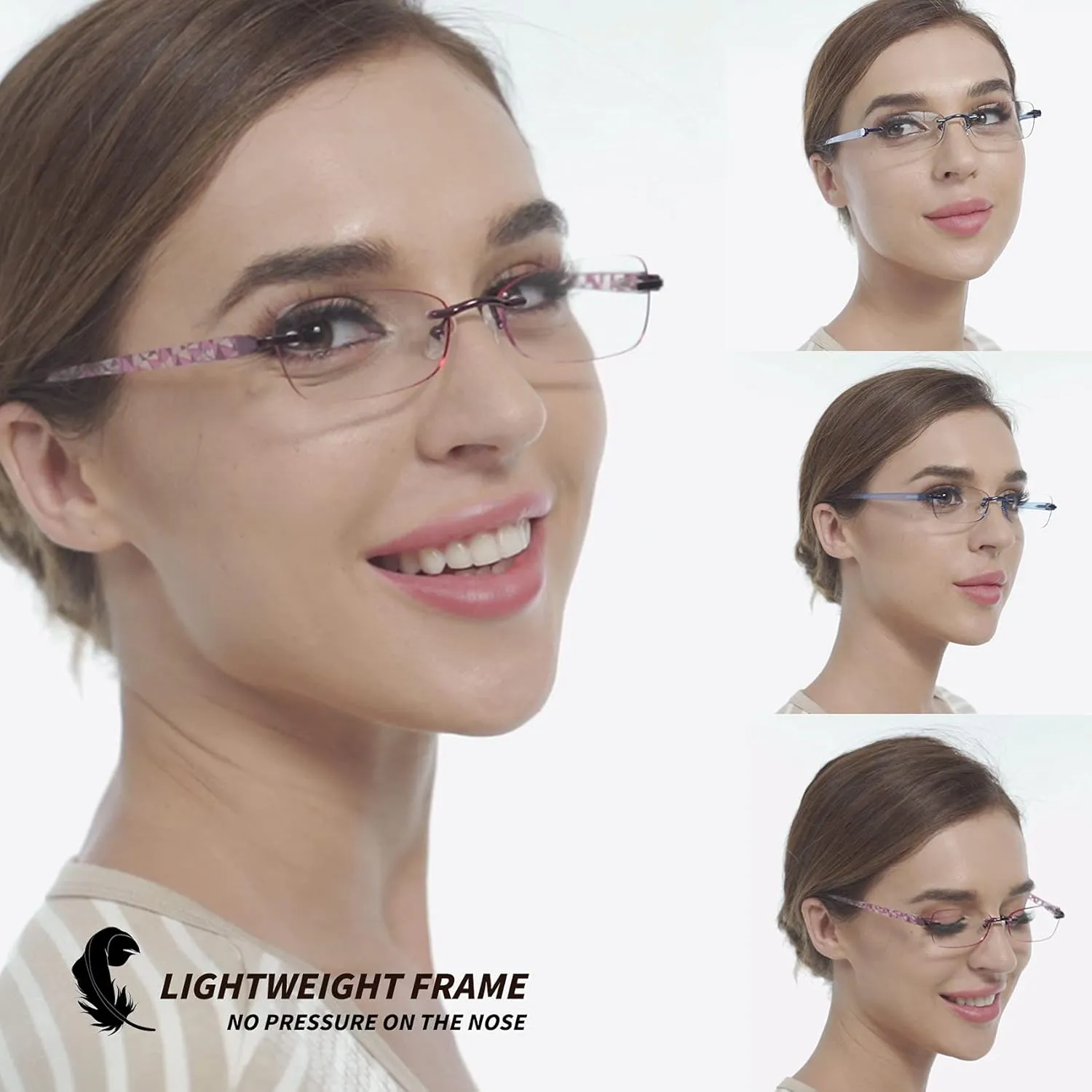 JJWELL 3 Pack Blue Light Blocking Reading Glasses for Women, Anti Eyestrain/Computer Glare UV 400 Filter Readers with Spring Hinge, Lightweight Rimless Tinted Metal Blue Rays Eyeglasses (4.00)