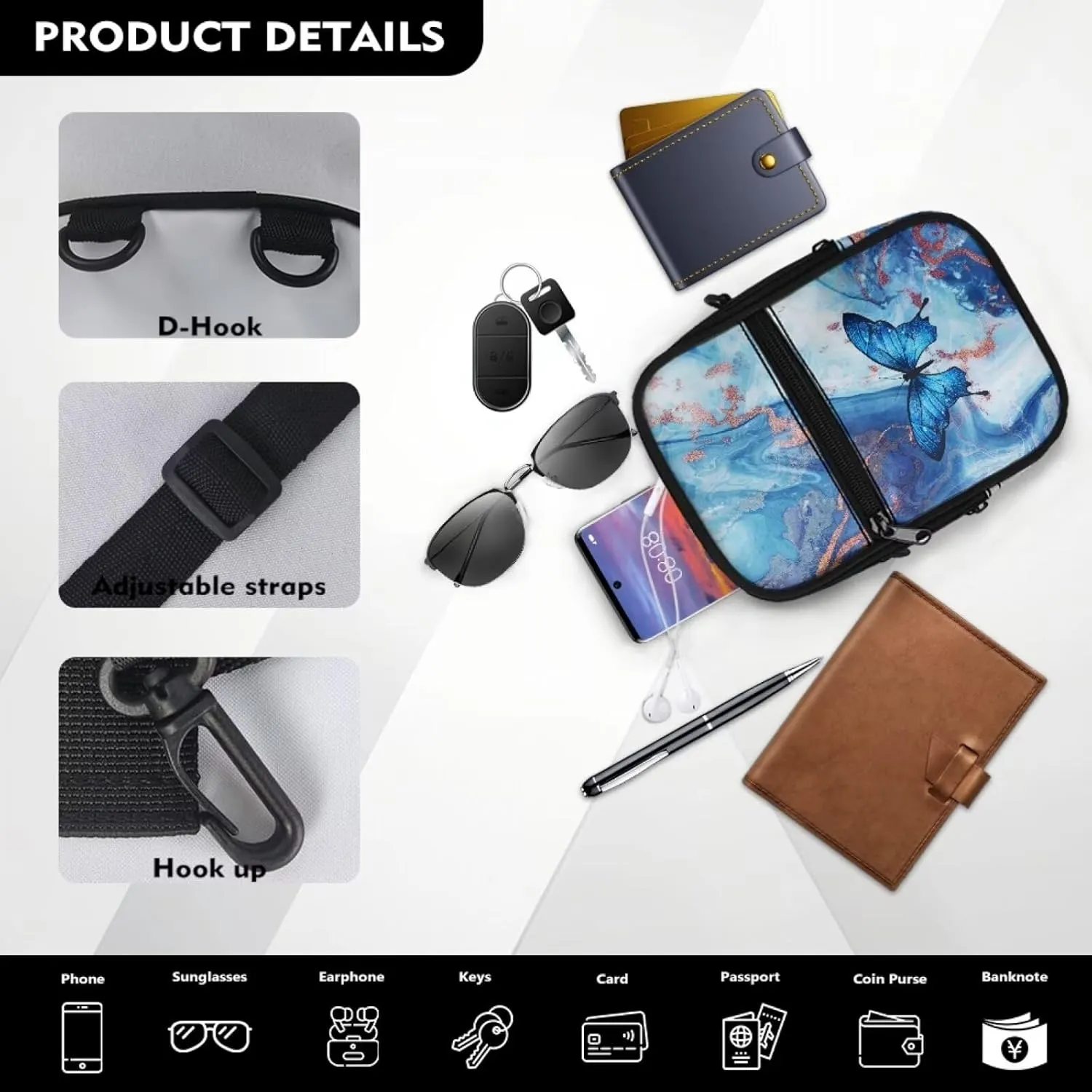 JoyLamoria Lightweight Crossbody Bag Women Work Shopping Travelling Satchel Bag Small Shoulder Bag, Butterfly Marble Print